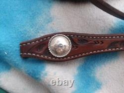 Tooled fixed ear dark oil headstall with sterling buckles & vtg. Fleming conchos