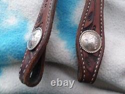 Tooled fixed ear dark oil headstall with sterling buckles & vtg. Fleming conchos