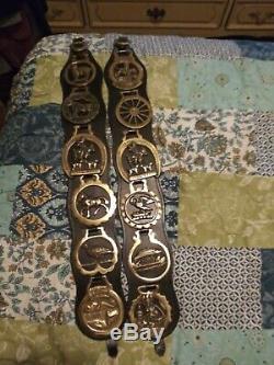 Two Leather Straps with 12 Brass Horse Vintage Medallions England
