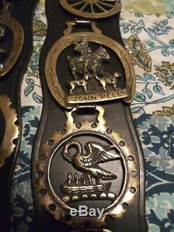 Two Leather Straps with 12 Brass Horse Vintage Medallions England