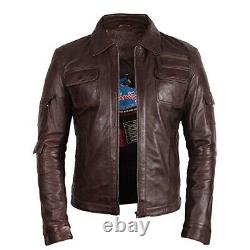 UK Vintage Men's Leather Biker Jacket Brown Real Leather Motor Jacket Slim Fit
