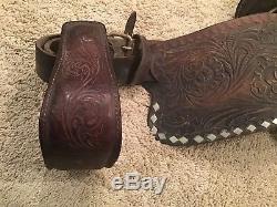USED VINTAGE 16 WESTERN LEATHER EMBOSSED SILVER SMALL HORSE SADDLE Ralide 1500