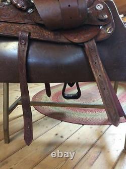 Used Circle Y Vintage Tooled Leather Western Saddle 15 Seat, Wide Tree
