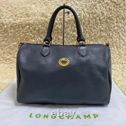 Used Longchamp Mini Boston Bag Horse logo Navy Color Leather Vintage Nice