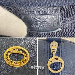 Used Longchamp Mini Boston Bag Horse logo Navy Color Leather Vintage Nice