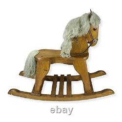 VINTAGE Antique Solid Wood Rocking Horse Leather Ears & Reins Children's Toy