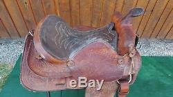 VINTAGE GREAT Brown LEATHER Horse Saddle 15 Long Cowboy Western Decor