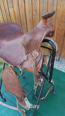 VINTAGE GREAT Brown LEATHER Horse Saddle 16 Long Cowboy Western Decor