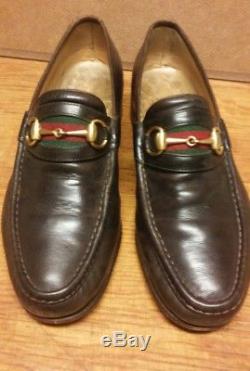 VINTAGE GUCCI DARK BROWN LEATHER HORSE BIT LOAFERS MOCCASSIN MEN Size near 9.5 M