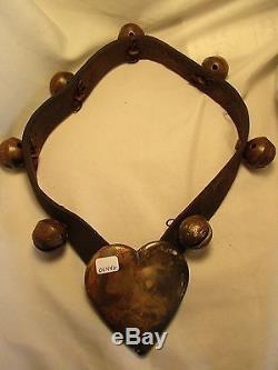 VINTAGE HORSE SLEIGH BELL COLLAR, ON LEATHER STRAP WithBRASS HEART #CHI-00442