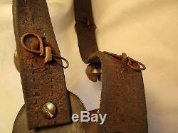 VINTAGE HORSE SLEIGH BELL COLLAR, ON LEATHER STRAP WithBRASS HEART #CHI-00442