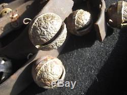 Vintage Horse Sleigh Bells, 9 Amish Brass On Leather Strap, #chi-028
