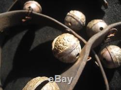 Vintage Horse Sleigh Bells, 9 Amish Brass On Leather Strap, #chi-028