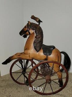 VINTAGE Hand carved painted Horse-leather saddle-Tricycle-Velocipede
