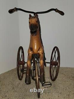 VINTAGE Hand carved painted Horse-leather saddle-Tricycle-Velocipede