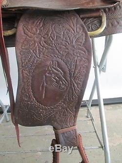 VINTAGE LEATHER HORSE SADDLE With EMBOSSED LEATHER 16 SEAT SILVER TONE HARDWARE