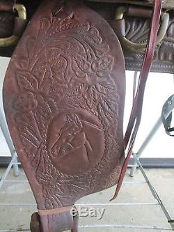VINTAGE LEATHER HORSE SADDLE With EMBOSSED LEATHER 16 SEAT SILVER TONE HARDWARE