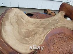 VINTAGE LEATHER WESTERN HORSE SADDLE EASY RIDER TOOLED With BELLY BELT SUEDE SEAT