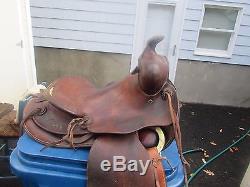 VINTAGE LEATHER WESTERN HORSE SADDLE Tan TOOLED With BELLY BELT
