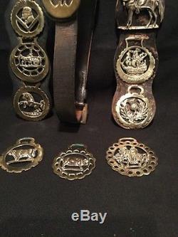 Vintage Lot Of Brass And Leather Horse Medallions Equestrian Saddle Ornament