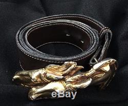 Vintage Mens Gucci Double Race Horse Brass Buckle With Brown Leather 38 Belt