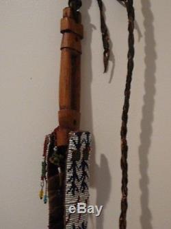 Vintage Native American Indian Horse Quirt Riding Whip Leather Beaded Handle