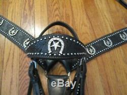 VINTAGE THICK Western PARADE TACK SET BLACK BLING Leather FULL horse Size
