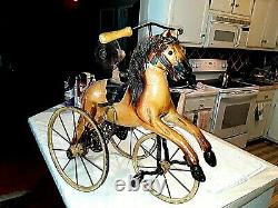 VINTAGE WOOD Hand carved painted Horse-leather saddle-Tricycle