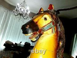 VINTAGE WOOD Hand carved painted Horse-leather saddle-Tricycle