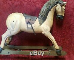 VINTAGE WOODEN HORSE 28X20X6 Horse Hair Tail Leather Saddle
