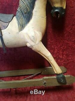 VINTAGE WOODEN HORSE 28X20X6 Horse Hair Tail Leather Saddle