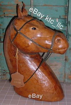 VINTAGE pr. Vintage CARVED WOOD sheathed w leather HORSE HEADS equine GLASS EYES