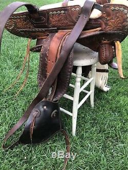 VTG 15 WESTERN HORSE SADDLE 7 Gullet BIG W COWBOY Tooled Stirrups #436 Show