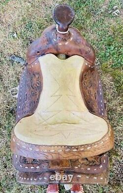 VTG/ Antique Early Western Leather Horse Saddle Sheepskin Padded Tooled 15