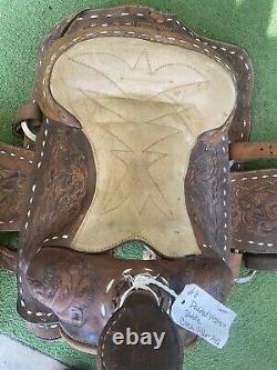 VTG/ Antique Early Western Leather Horse Saddle Sheepskin Padded Tooled 15