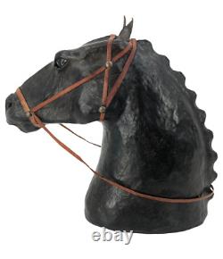 VTG Artisan Large Black Leather Covered Horse Head Bust Sculpture Glass Eyes