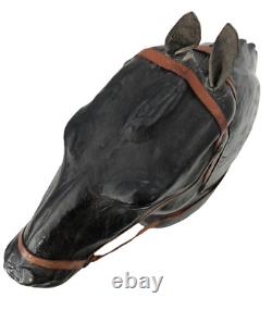 VTG Artisan Large Black Leather Covered Horse Head Bust Sculpture Glass Eyes