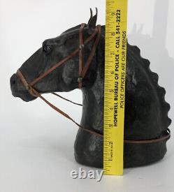 VTG Artisan Large Black Leather Covered Horse Head Bust Sculpture Glass Eyes