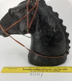 VTG Artisan Large Black Leather Covered Horse Head Bust Sculpture Glass Eyes