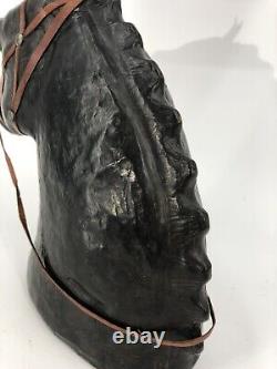 VTG Artisan Large Black Leather Covered Horse Head Bust Sculpture Glass Eyes