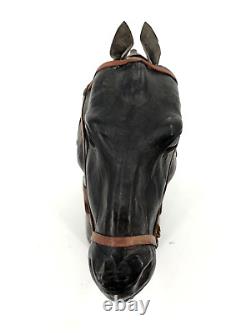 VTG Artisan Large Black Leather Covered Horse Head Bust Sculpture Glass Eyes