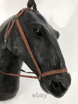 VTG Artisan Large Black Leather Covered Horse Head Bust Sculpture Glass Eyes