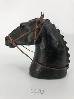 VTG Artisan Large Black Leather Covered Horse Head Bust Sculpture Glass Eyes