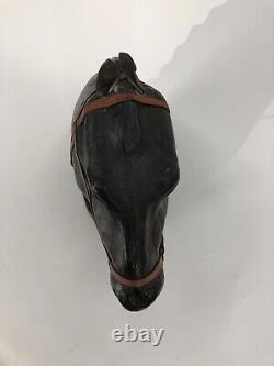 VTG Artisan Large Black Leather Covered Horse Head Bust Sculpture Glass Eyes