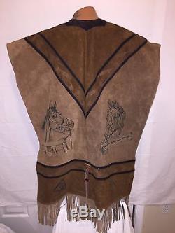 Vtg. Bad Leather Western Fringe Horse Design Brown Leather Pullover Poncho