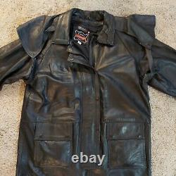 VTG Bikers leather stuff duster coat Men Med black motorcycle jacket leg strap
