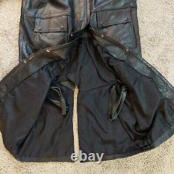 VTG Bikers leather stuff duster coat Men Med black motorcycle jacket leg strap