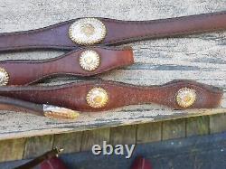 VTG Circle Y Breast Collar Matching Headstall Silver Gold Conchos Supple One Ear
