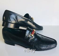 VTG GUCCI Black Leather Horse Bit Red Black Web Loafers Shoes Size 44.5 US 9 9.5