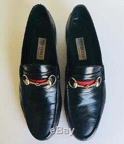 VTG GUCCI Black Leather Horse Bit Red Black Web Loafers Shoes Size 44.5 US 9 9.5